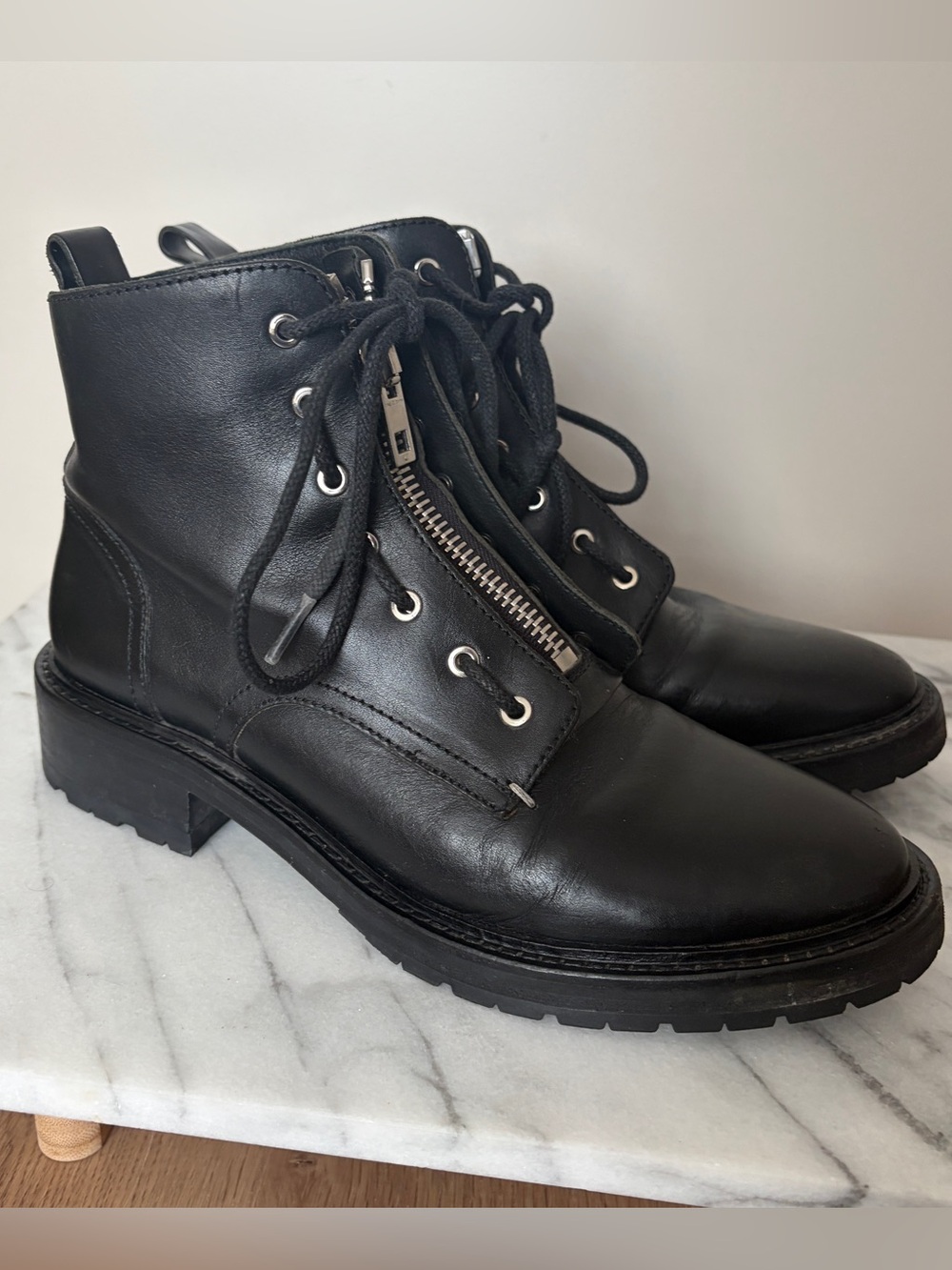 Rag & Bone Black Leather Lace-Up Ankle Boots with Center Zipper